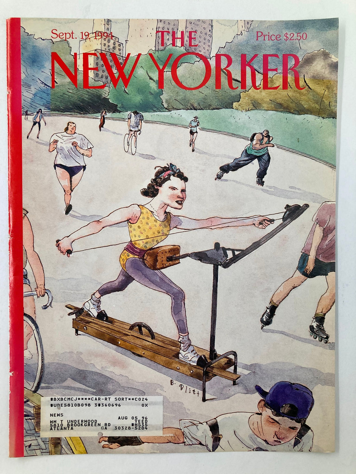 The New Yorker Cover Only September 19, 1994 designed by Barry Blitt, showcasing a vibrant illustration of a woman enthusiastically exercising with a distinct fitness device, set against a lively park scene.