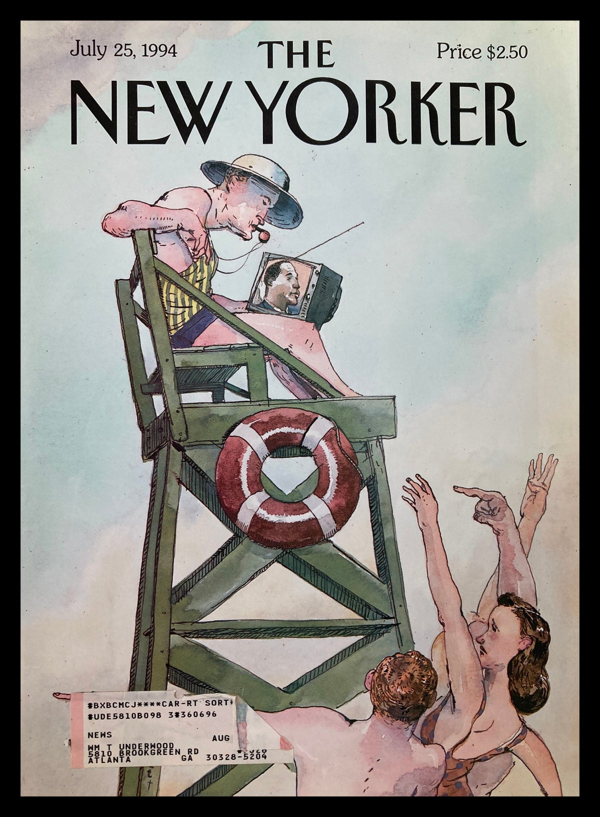 The New Yorker July 25 1994 cover illustration depicting a lifeguard on a chair watching TV, showcasing artistic work by Barry Blitt.