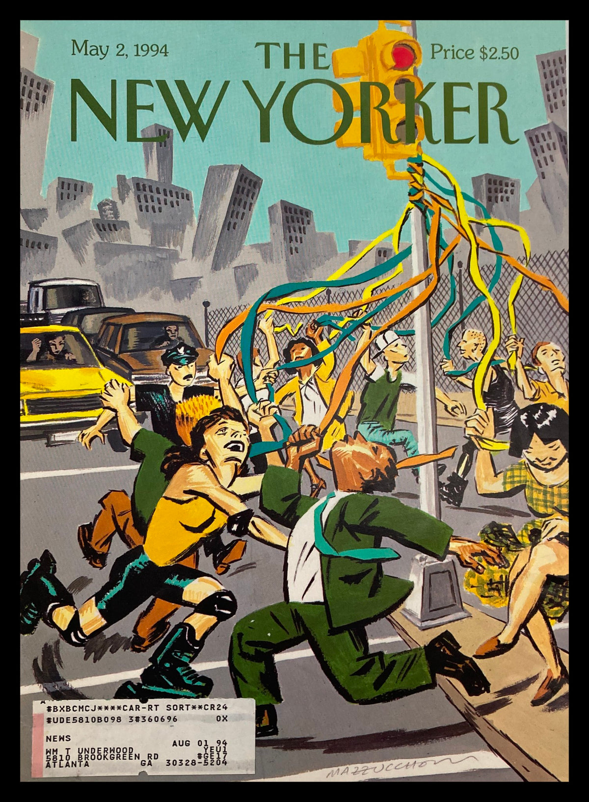 COVER ONLY The New Yorker May 2 1994 May Day by David Mazzuchelli, featuring colorful illustration depicting a festive May Day celebration with characters amidst cityscape.