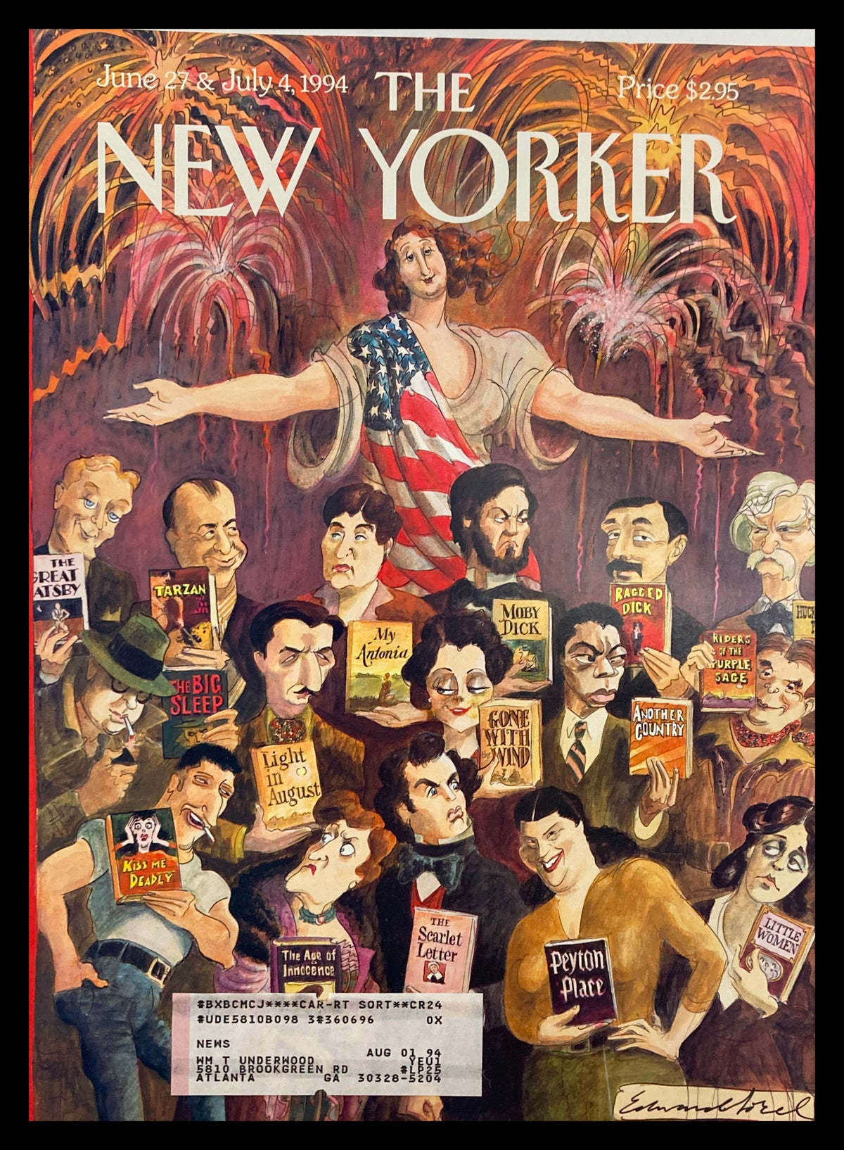 Cover of The New Yorker dated June 27, 1994, titled 'American Writers' featuring artwork by Edward Sorel, depicting iconic American literary figures with vibrant colors and artistic flair.