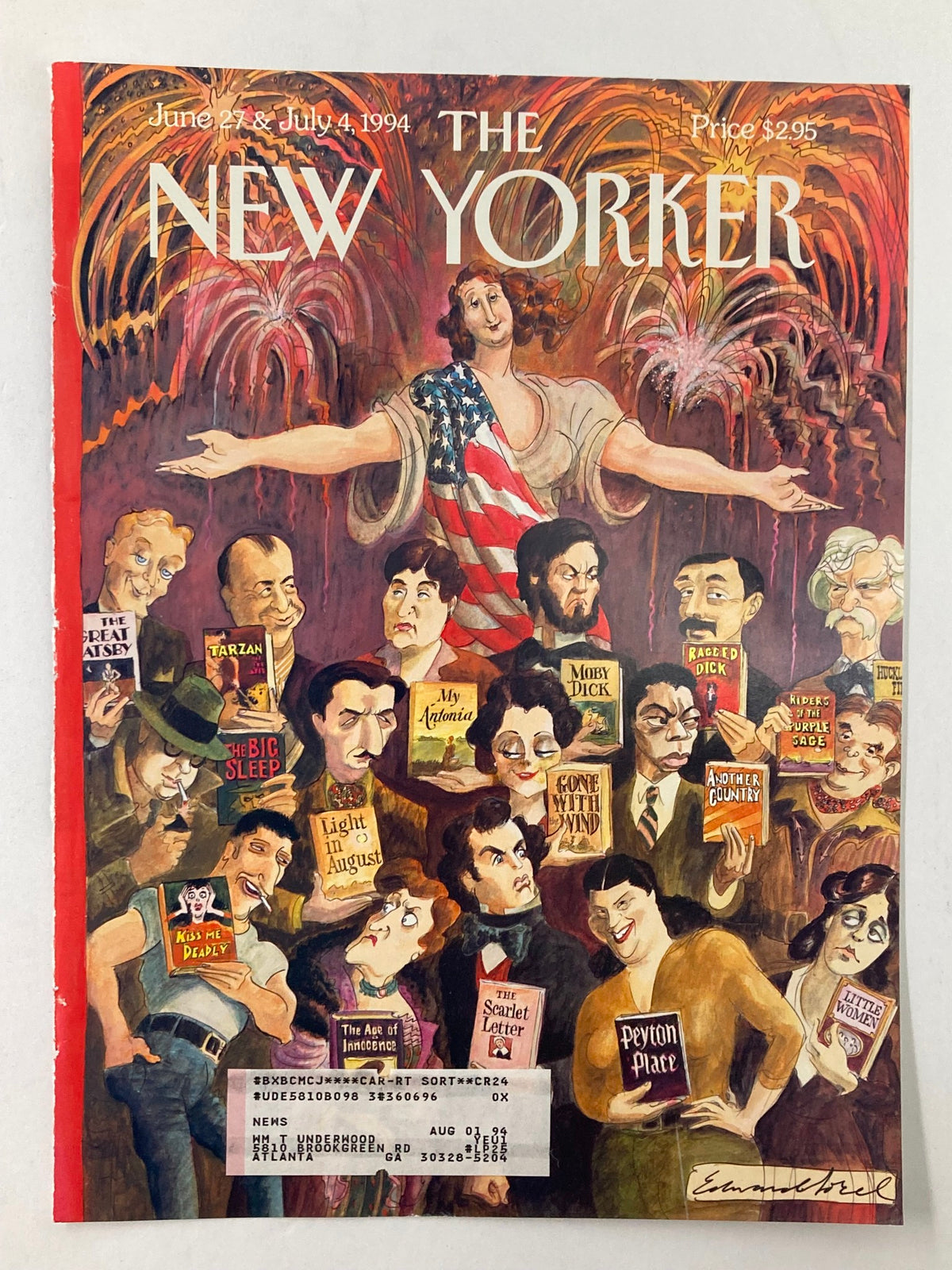 Cover of The New Yorker dated June 27, 1994, titled American Writers, featuring artistic depiction of American literary figures by Edward Sorel against a backdrop of fireworks.