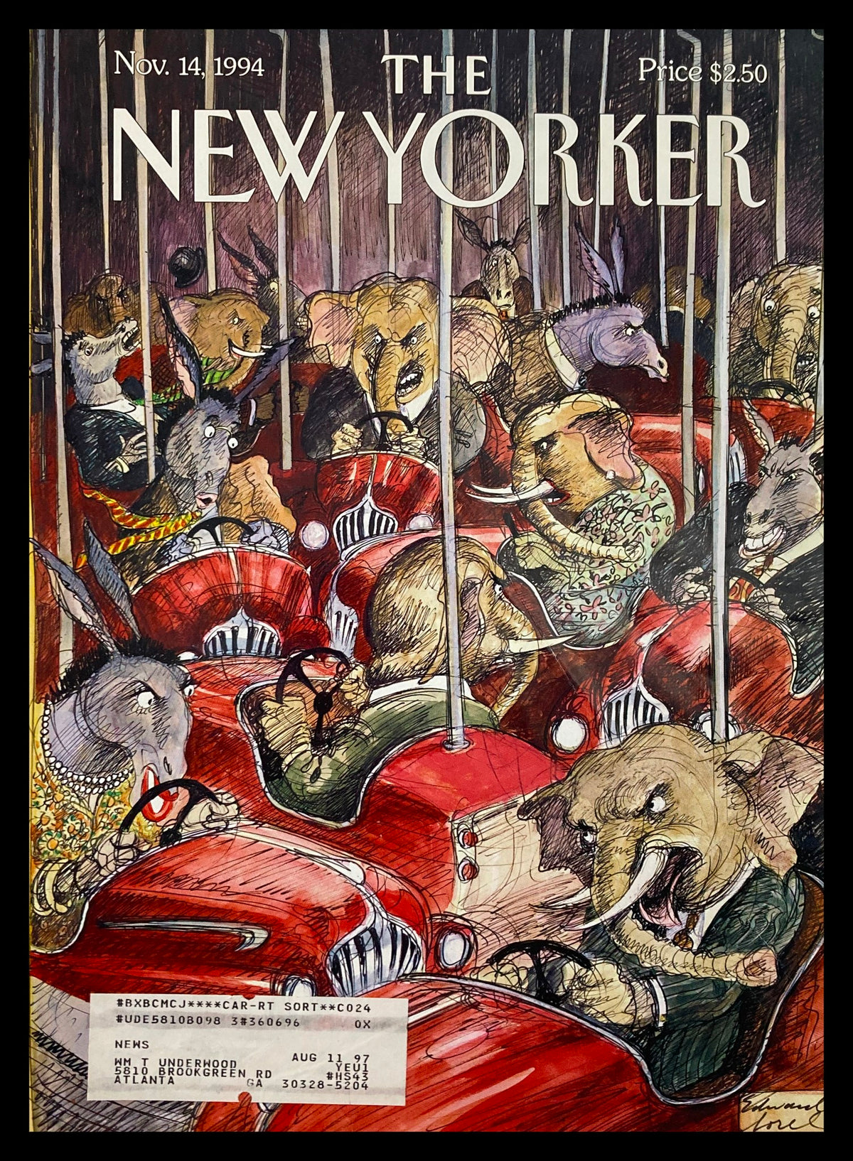 Cover of The New Yorker dated November 14, 1994, featuring a satirical illustration titled "The Arena" by Edward Sorel, depicting anthropomorphic animals in vintage cars.
