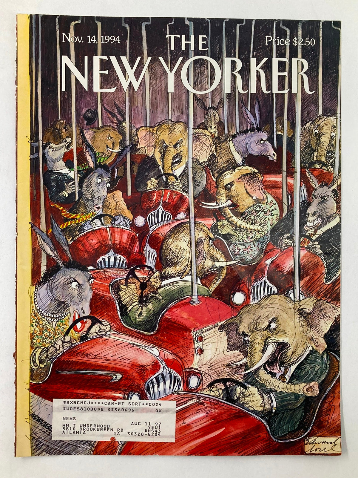 Cover of The New Yorker from November 14, 1994, showcasing "The Arena" by Edward Sorel, with animated animals in red cars, illustrating humor and satire.