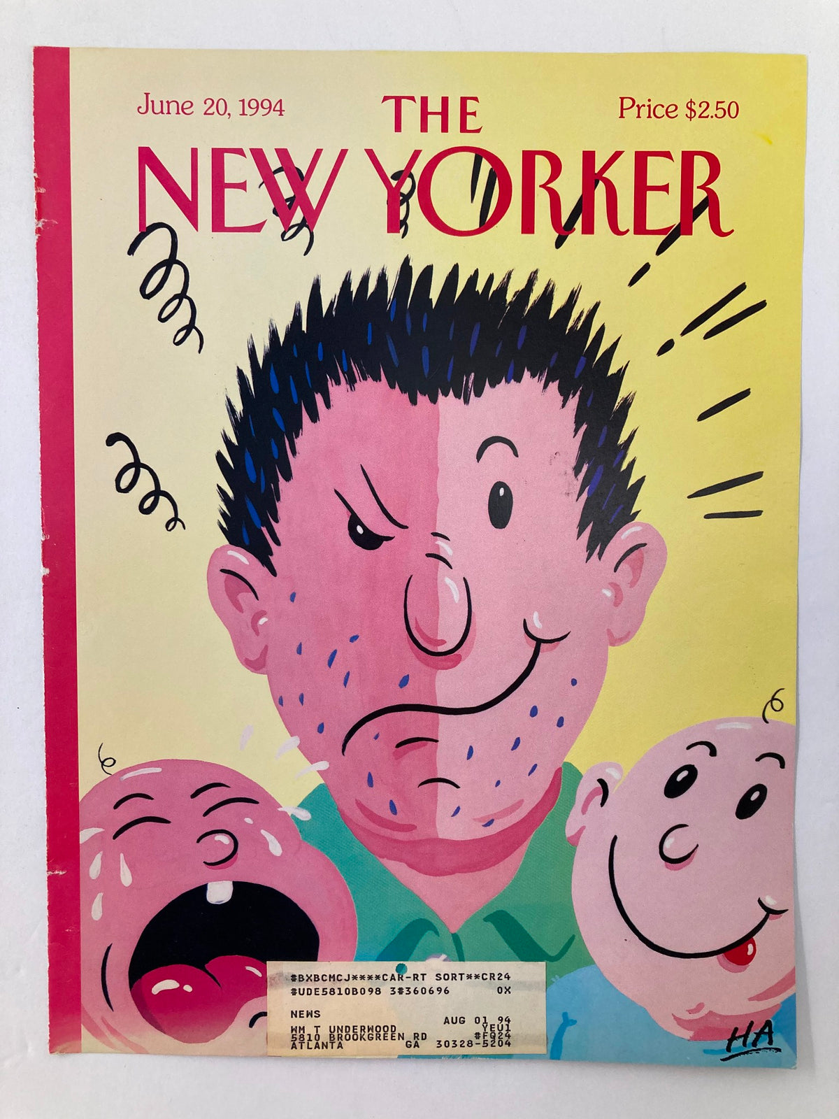Cover of The New Yorker, June 20, 1994, titled 'Father's Day' by Bob 'HA' Zoell, showcasing a distinctive depiction of a father and two infants with emotive expressions against a vibrant backdrop. Perfect for home decor.