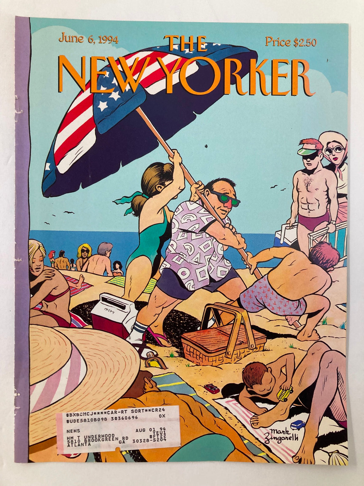COVER ONLY The New Yorker June 6 1994 Memorial Day by Mark Zingarelli, showcasing a lively beach atmosphere with people enjoying the sun, a colorful umbrella, and engaging in various summer activities.
