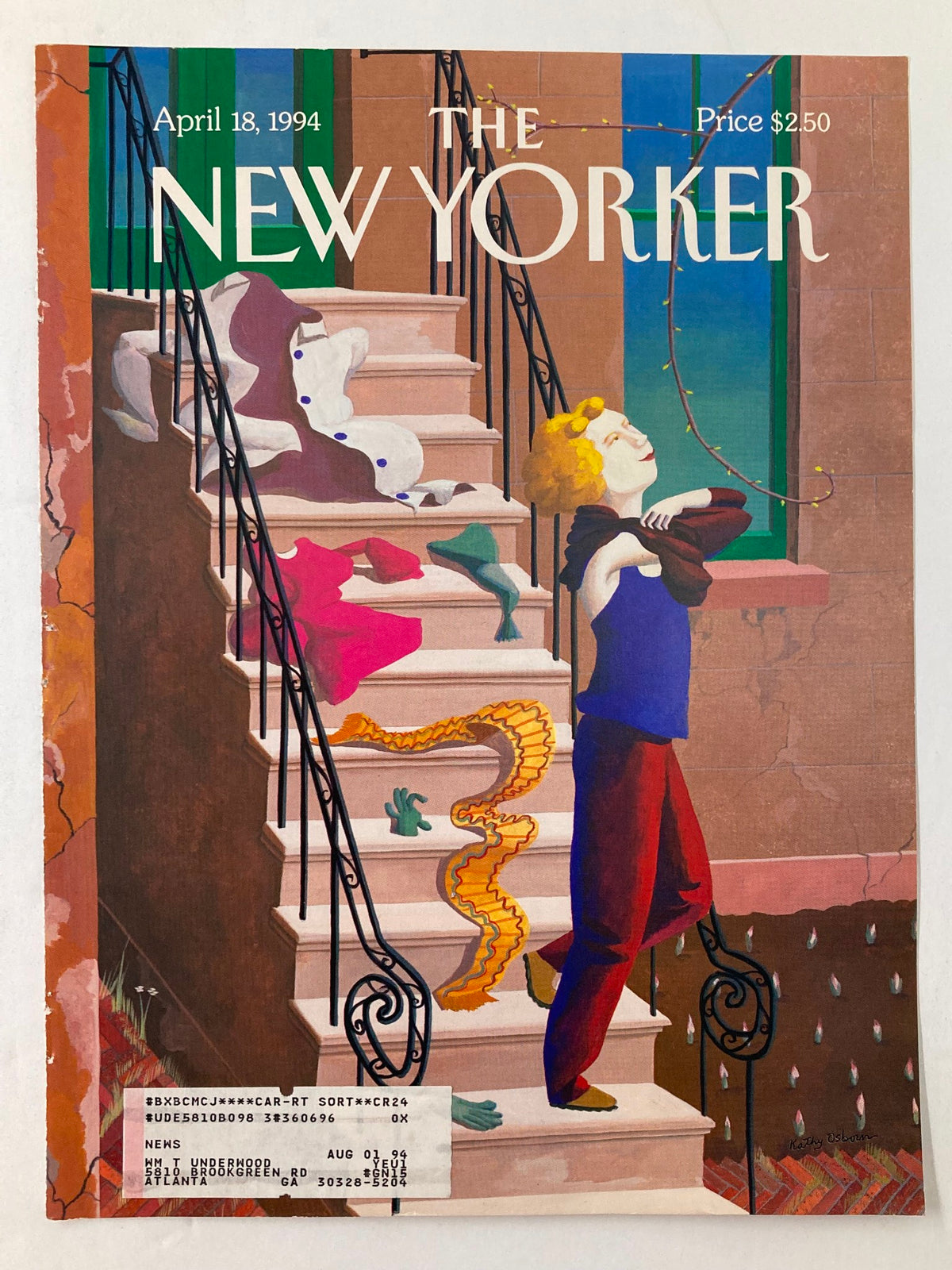 Cover of The New Yorker April 18 1994 featuring 'Molting' by Kathy Osborn, showcasing a child interacting with colorful garments on a staircase.