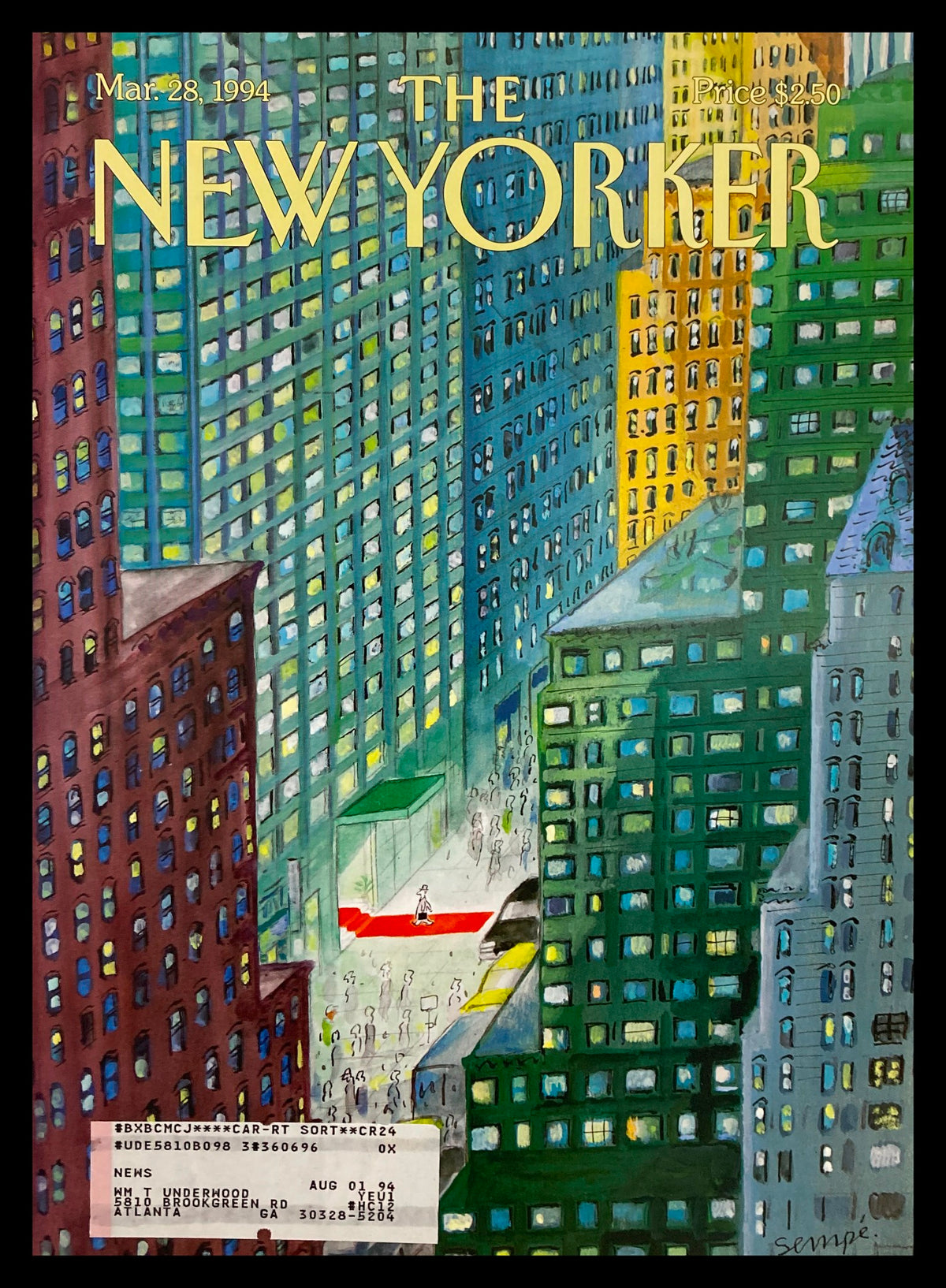 The New Yorker March 28 1994 cover featuring 'Concrete Jungle' by Jean-Jacques Sempe, showcasing a colorful cityscape with tall buildings and a bustling street scene.