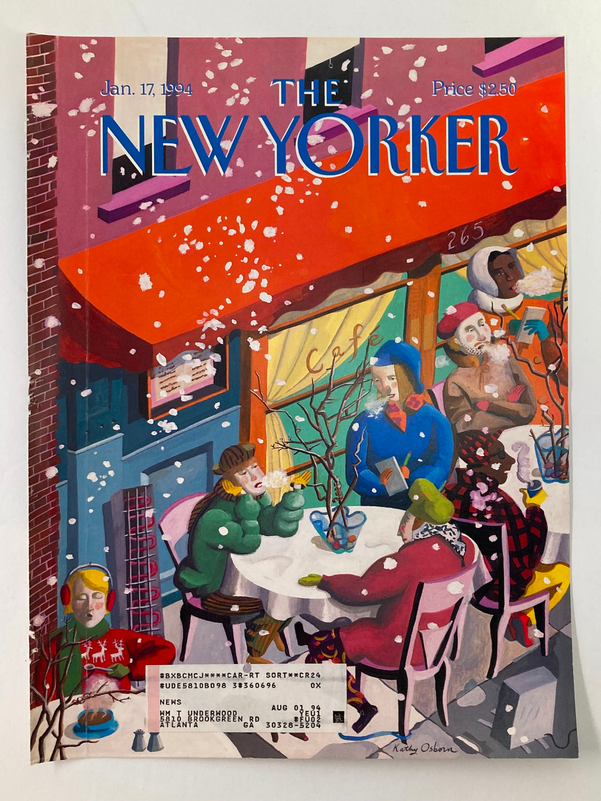 Cover of The New Yorker, January 17, 1994, titled "The Diehard Cafe" by Kathy Osborn, depicting patrons enjoying winter outdoors at a café in a vibrant, snowy setting.