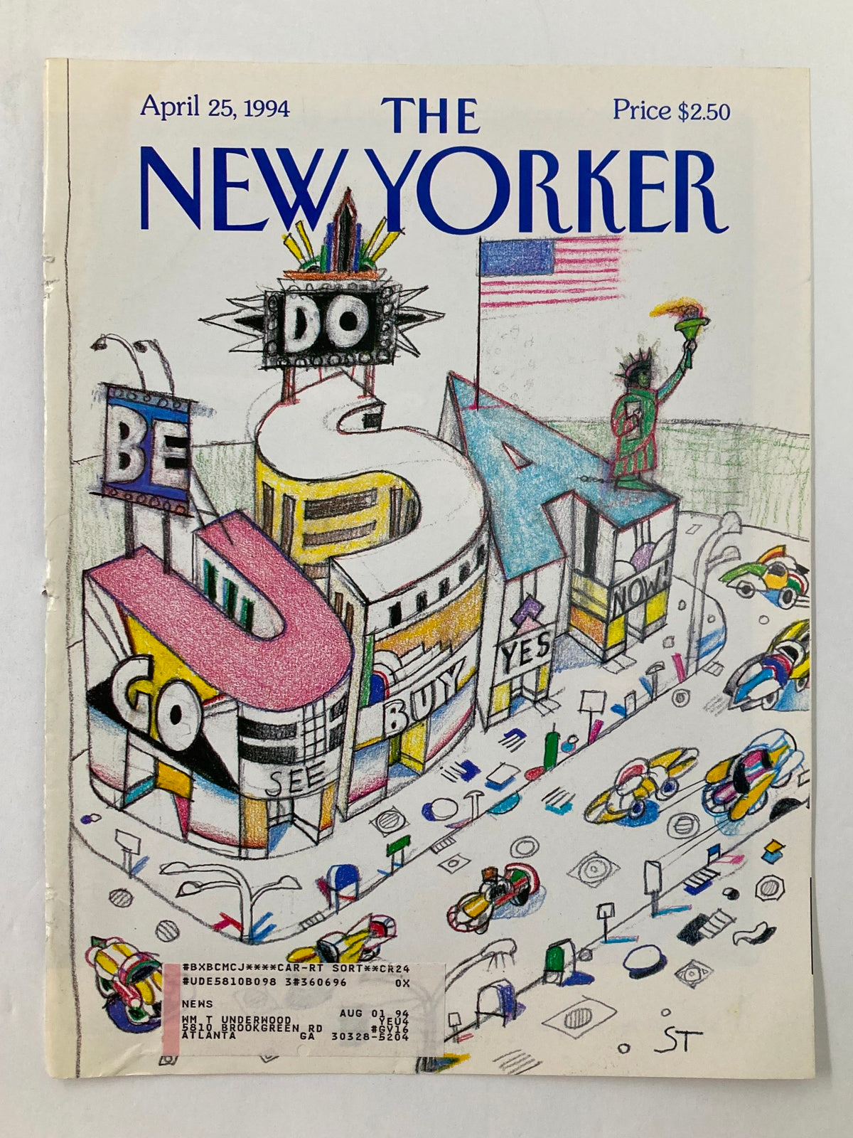 COVER ONLY The New Yorker April 25, 1994 featuring whimsical artwork by Saul Steinberg, depicting a colorful street scene with signs and cartoon-like vehicles, showcasing the charm and humor of urban life.