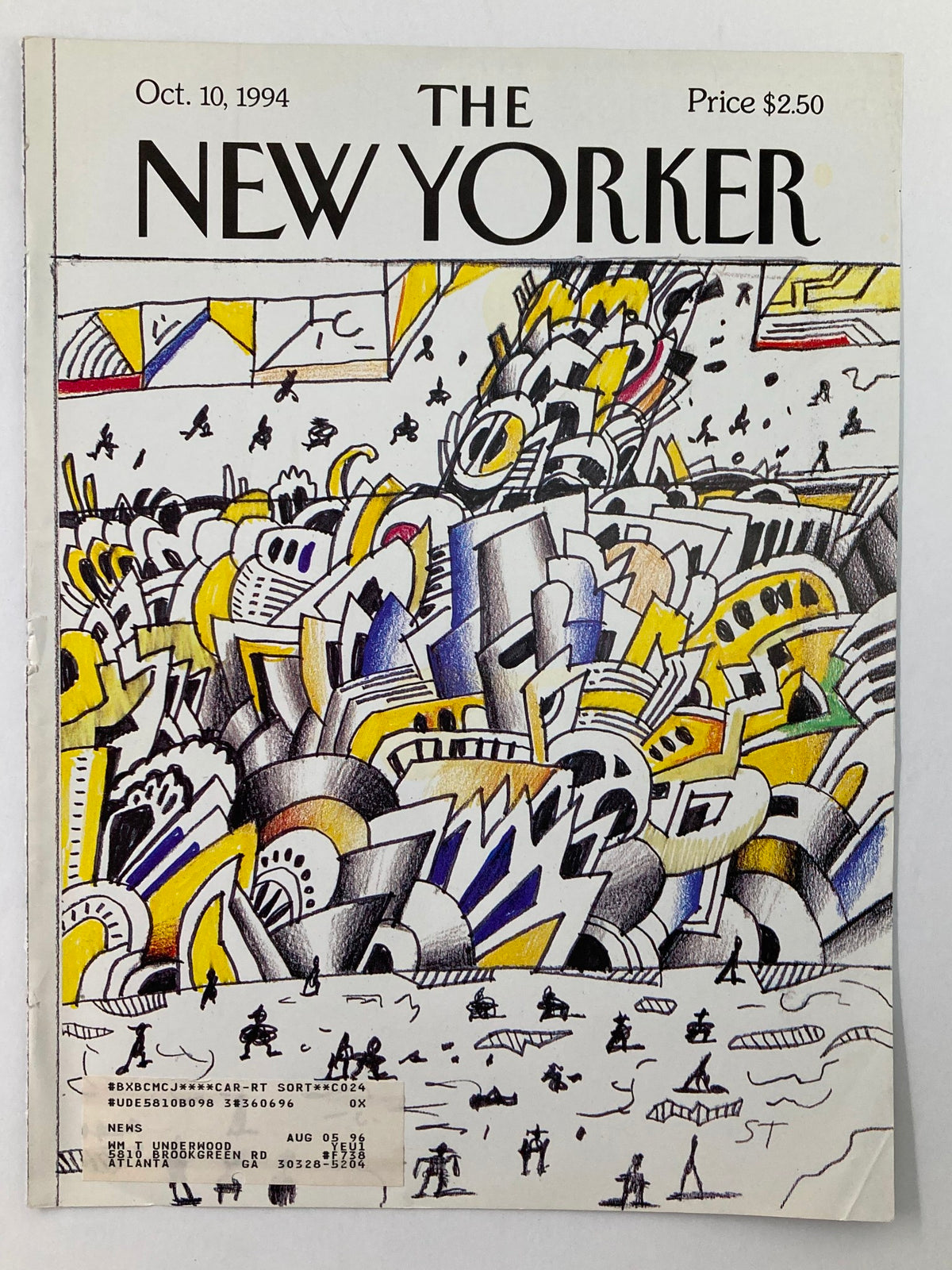 Cover of The New Yorker, October 10, 1994 showcasing Saul Steinberg's 'Canal Street Traffic', an artistic representation of city life filled with colorful details.