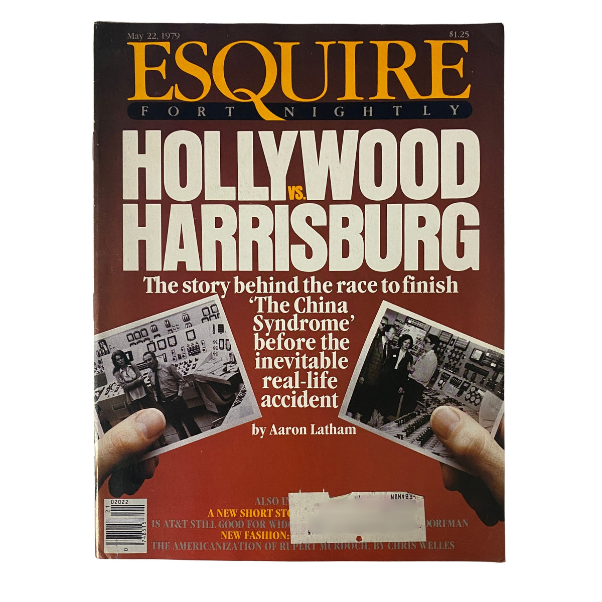Cover of Esquire Magazine from May 22, 1979, featuring the title 'Hollywood vs. Harrisburg', discussing the connection between 'The China Syndrome' film and the real-life nuclear incident, with images of people and nuclear equipment.