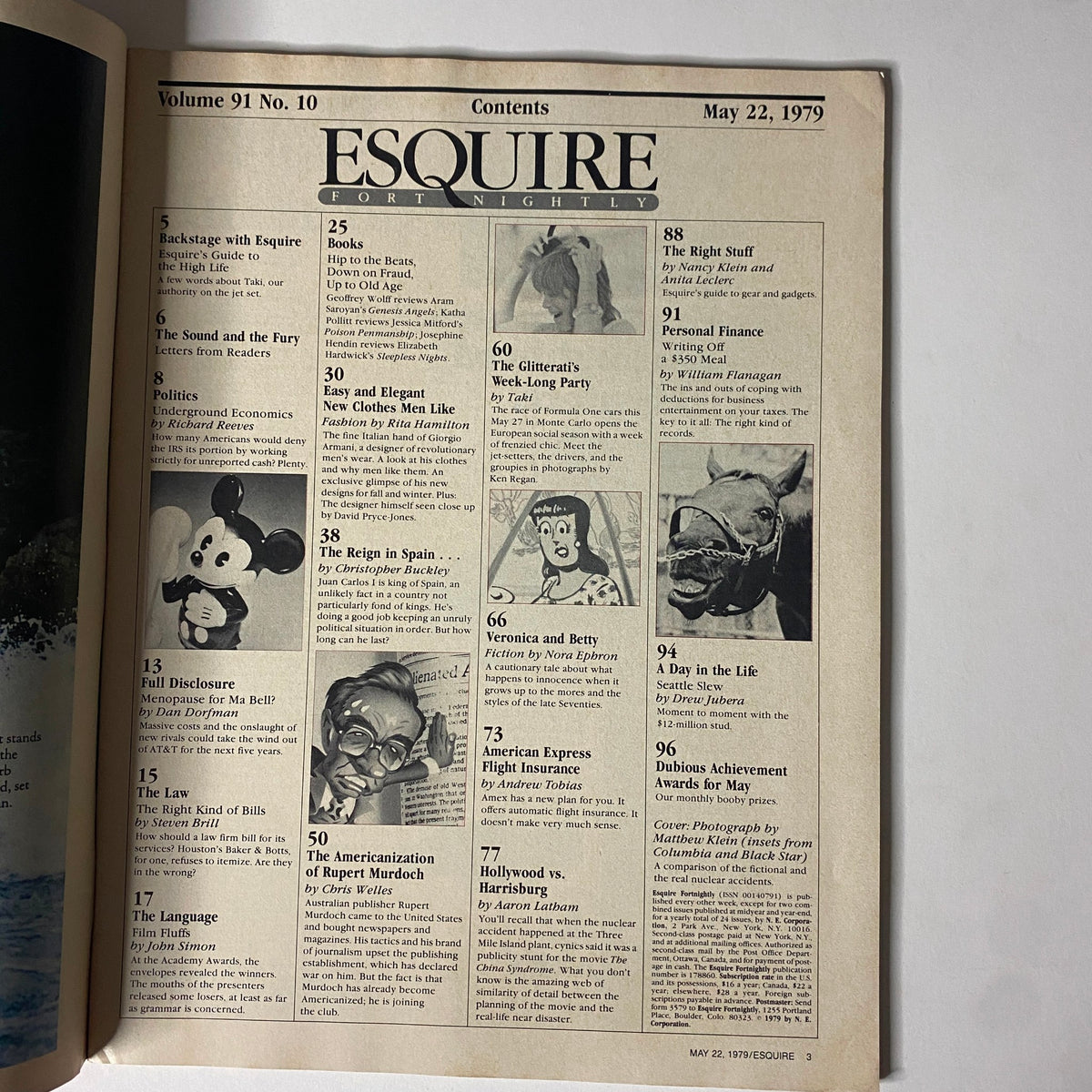 Table of contents page from Esquire Magazine, May 22, 1979, Volume 91, No. 10, featuring articles like 'Hollywood vs. Harrisburg', political insights, and personal finance tips.