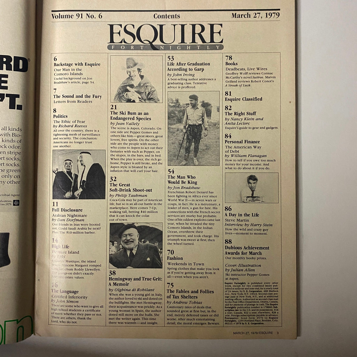 Contents page of Esquire Magazine March 27, 1979, featuring articles including 'The Ski Bum as an Endangered Species' and a review of the issue's featured personalities and topics.