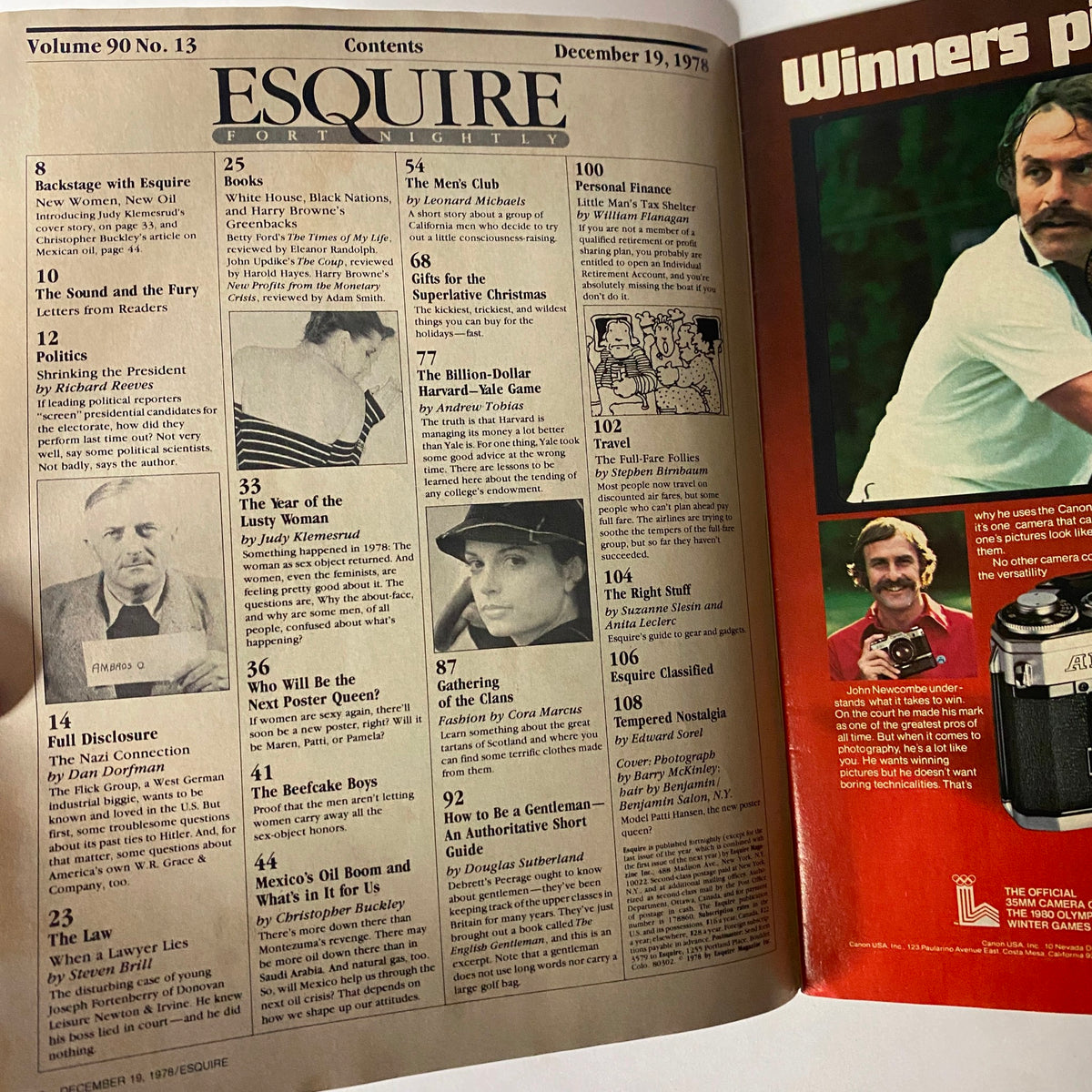 Table of contents from Esquire Magazine December 19, 1978, featuring articles and themes from that issue.