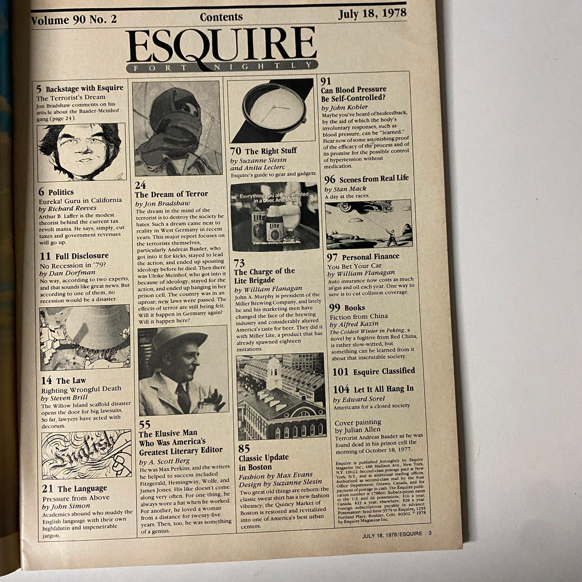 Contents page of Esquire Magazine July 18, 1978, outlining articles including 'The Dream of Terror', showcasing the coverage of the Baader-Meinhof gang and the socio-political climate of the time.