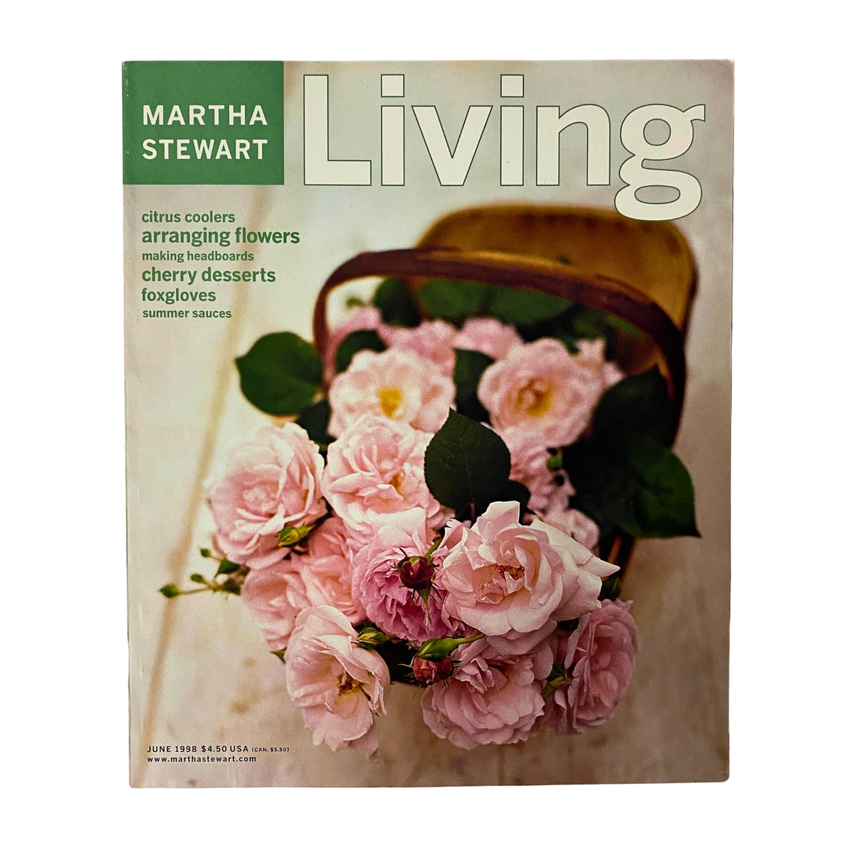 Cover of Martha Stewart Living Magazine June 1998 featuring old-fashioned roses in an antique trug, highlighting summer themes like citrus coolers, flower arranging, and cherry desserts.