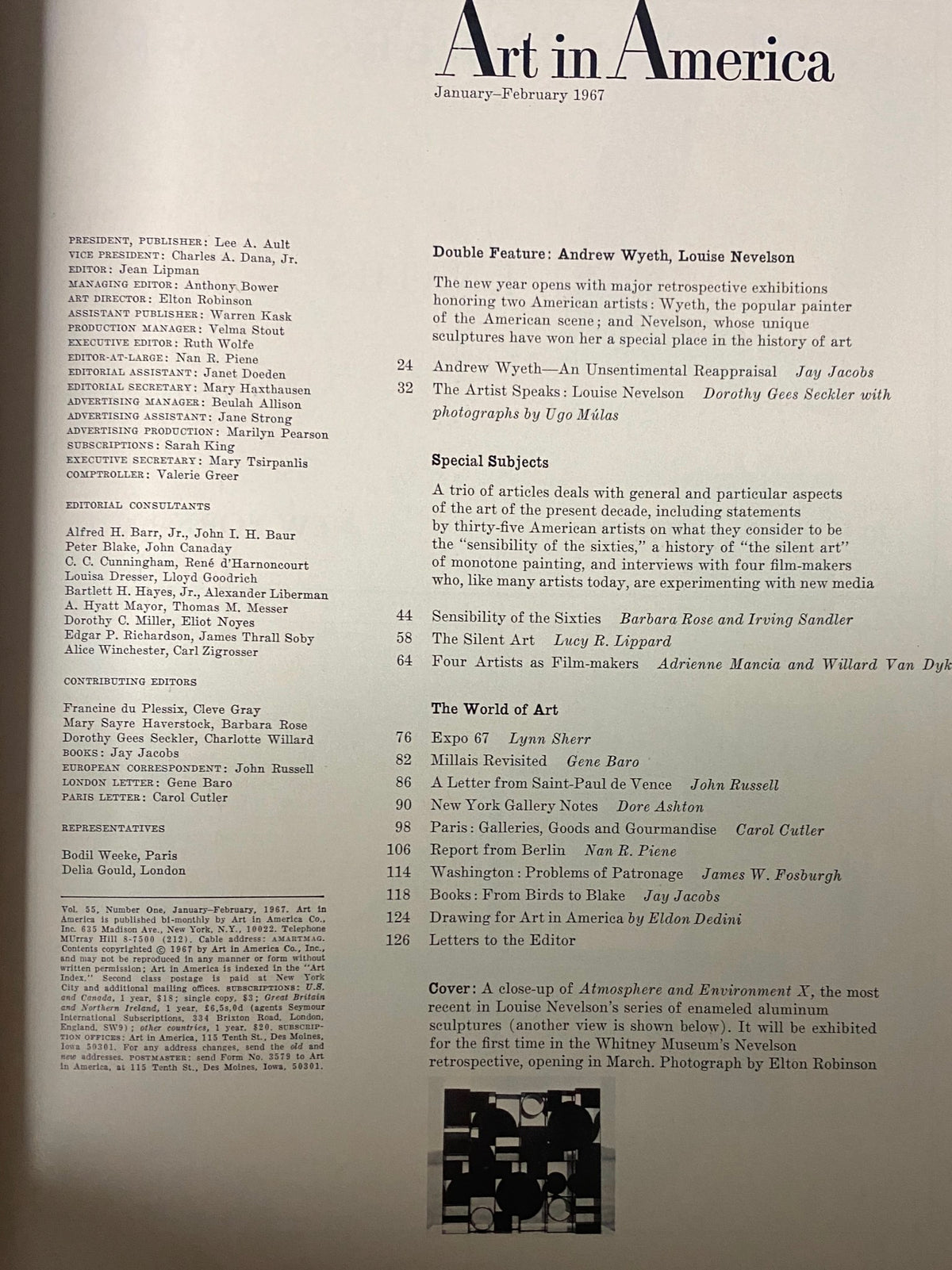 Interior page of Art in America Magazine January-February 1967, showcasing the table of contents, including features on Andrew Wyeth and Louise Nevelson, with editorial details.