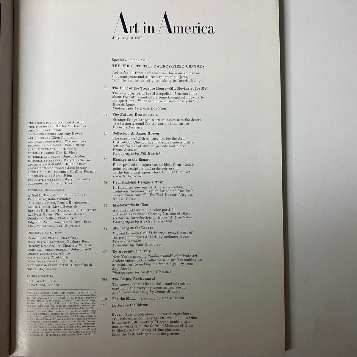 Interior page of Art in America Magazine July 1967 displaying the table of contents and articles.