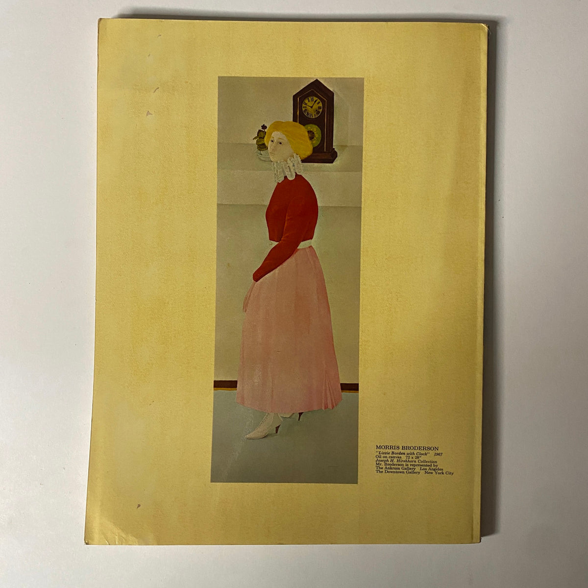 Cover of Art in America Magazine July 1967 featuring a painting by Morris Broderson, depicting a figure in a red blouse and pink skirt with a clock in the background.