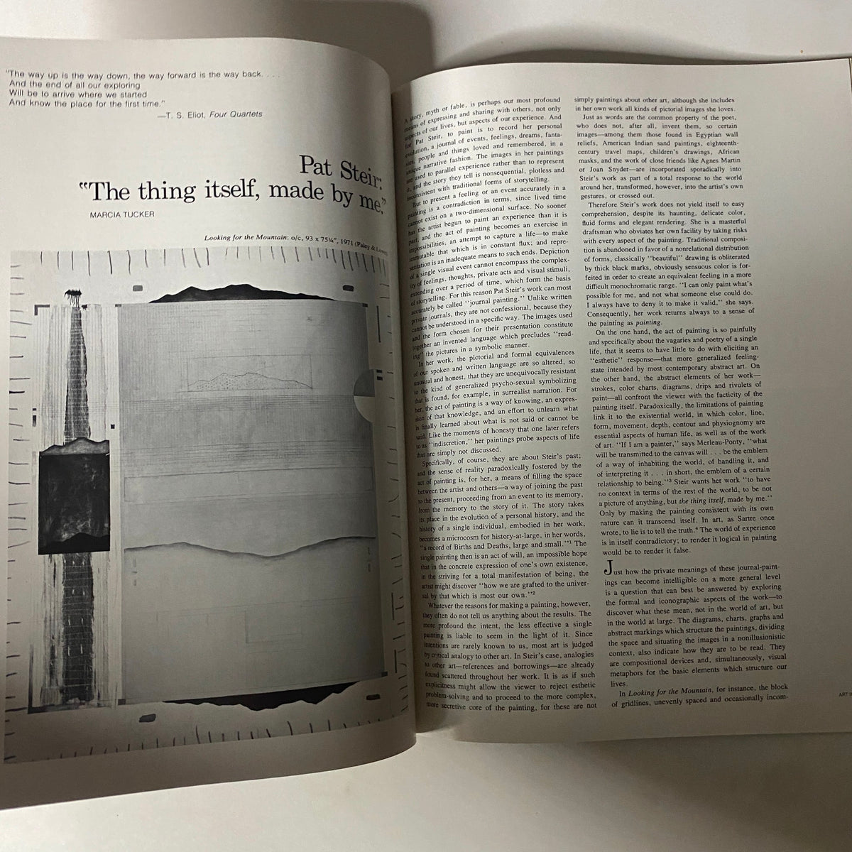 Open spread from Art in America Magazine January 1973 featuring an article by Marcia Tucker discussing artist Pat Steir and his work.