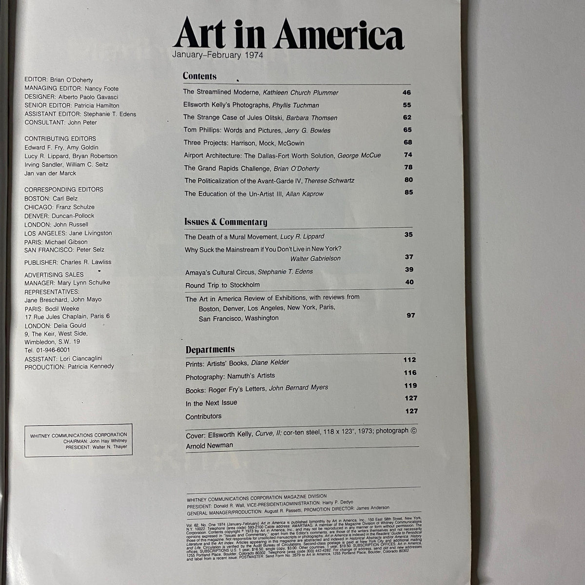 Contents page of Art in America Magazine January 1974, listing articles on modern art, architecture, and Ellsworth Kelly's work.