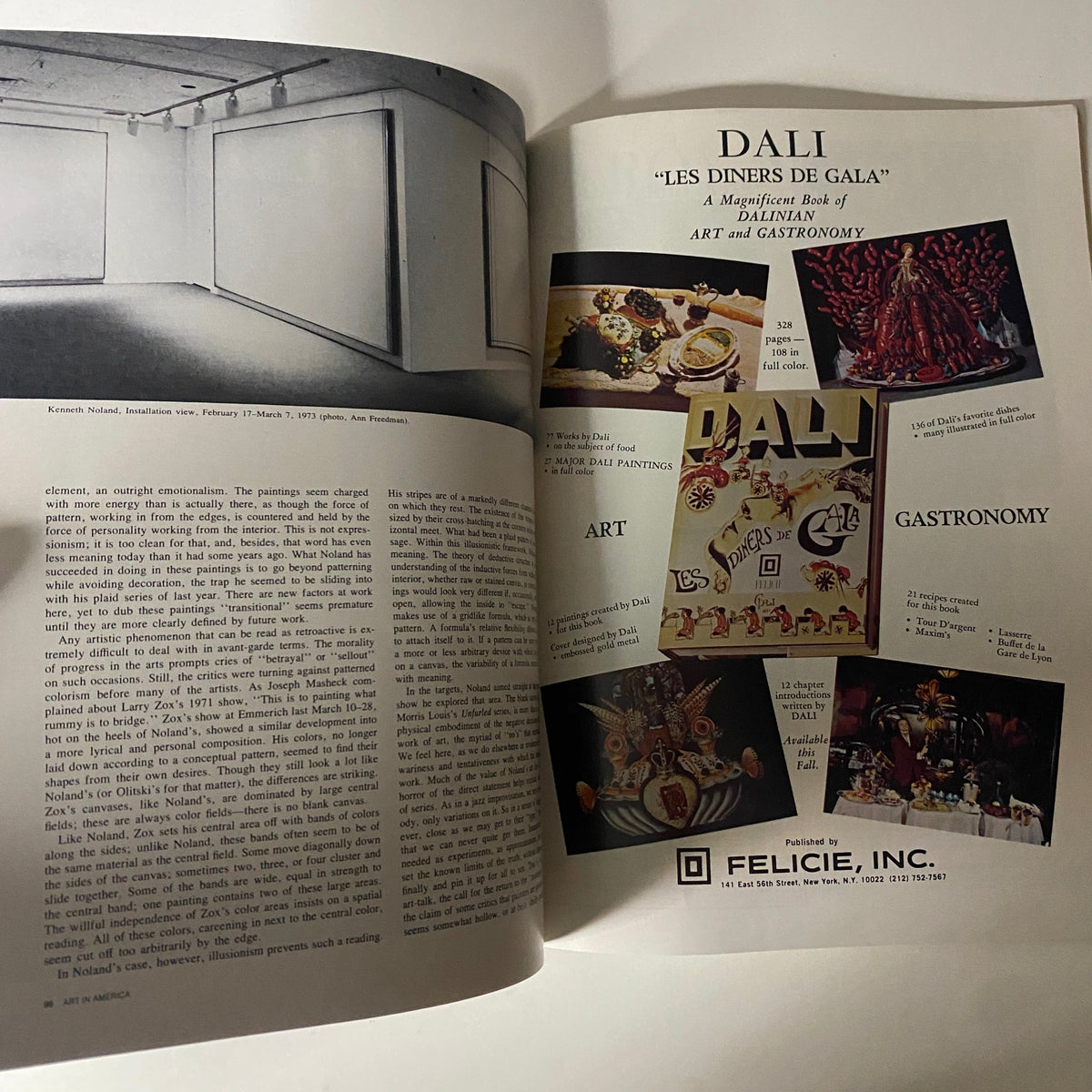 Interior page of Art in America Magazine September 1973 showcasing an article with installation views and advertisement for Dali's 'Les Diners de Gala.'