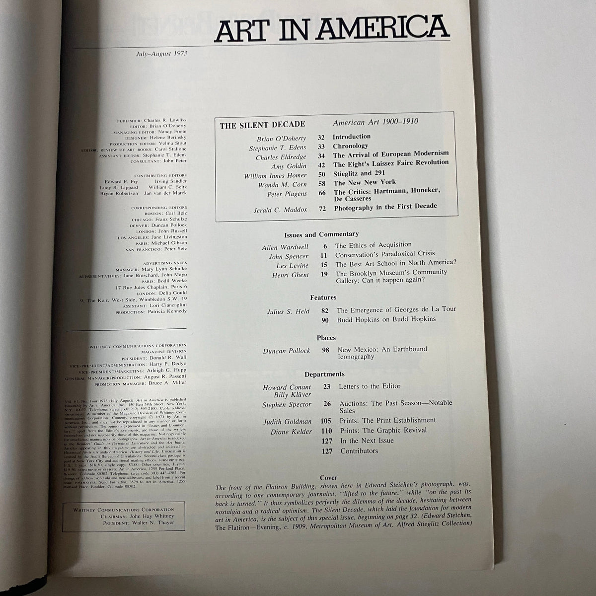 Table of contents from Art in America Magazine, July-August 1973, detailing feature articles and essays about American art from 1900-1910, including notable contributors and themes.