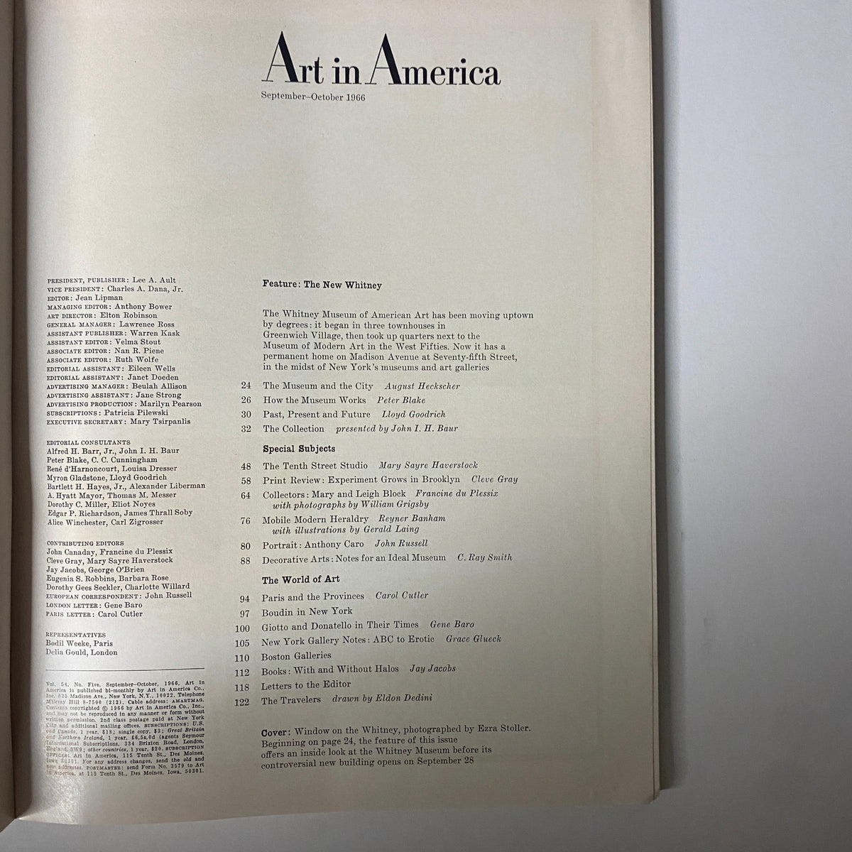 Inside pages of Art in America Magazine September 1966 displaying the table of contents, highlighting articles about the Whitney Museum and American art, reflecting the cultural significance of that era.