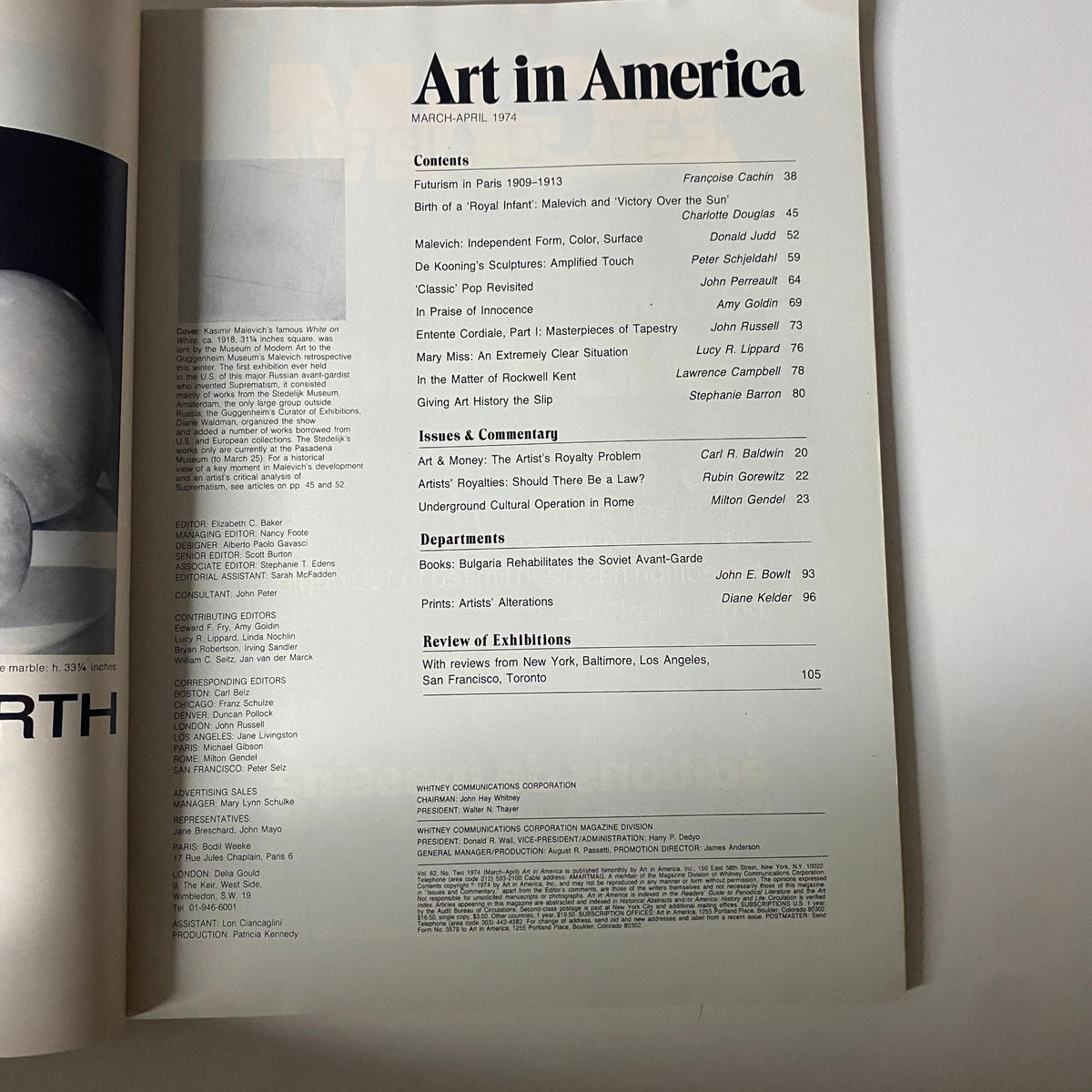 Contents page of Art in America Magazine March-April 1974 detailing articles on Futurism, Kasimir Malevich, and de Kooning's sculptures in the art scene.