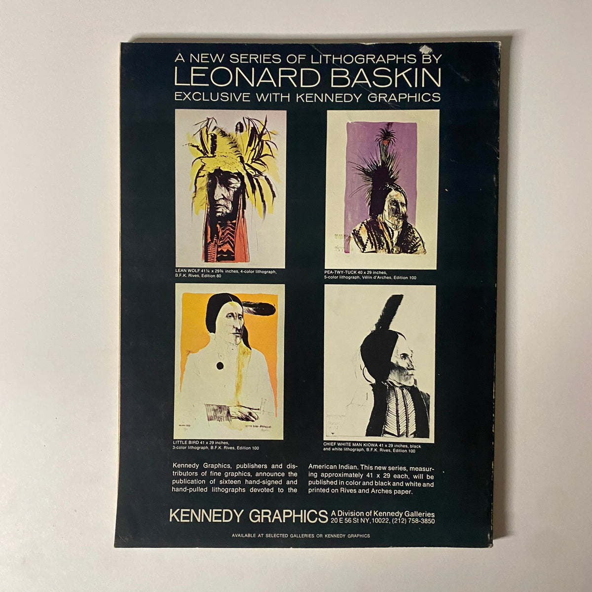 Back cover of Art in America Magazine March 1974 featuring a new series of lithographs by Leonard Baskin, showcasing colored illustrations of Native American figures and text about their artistic significance.