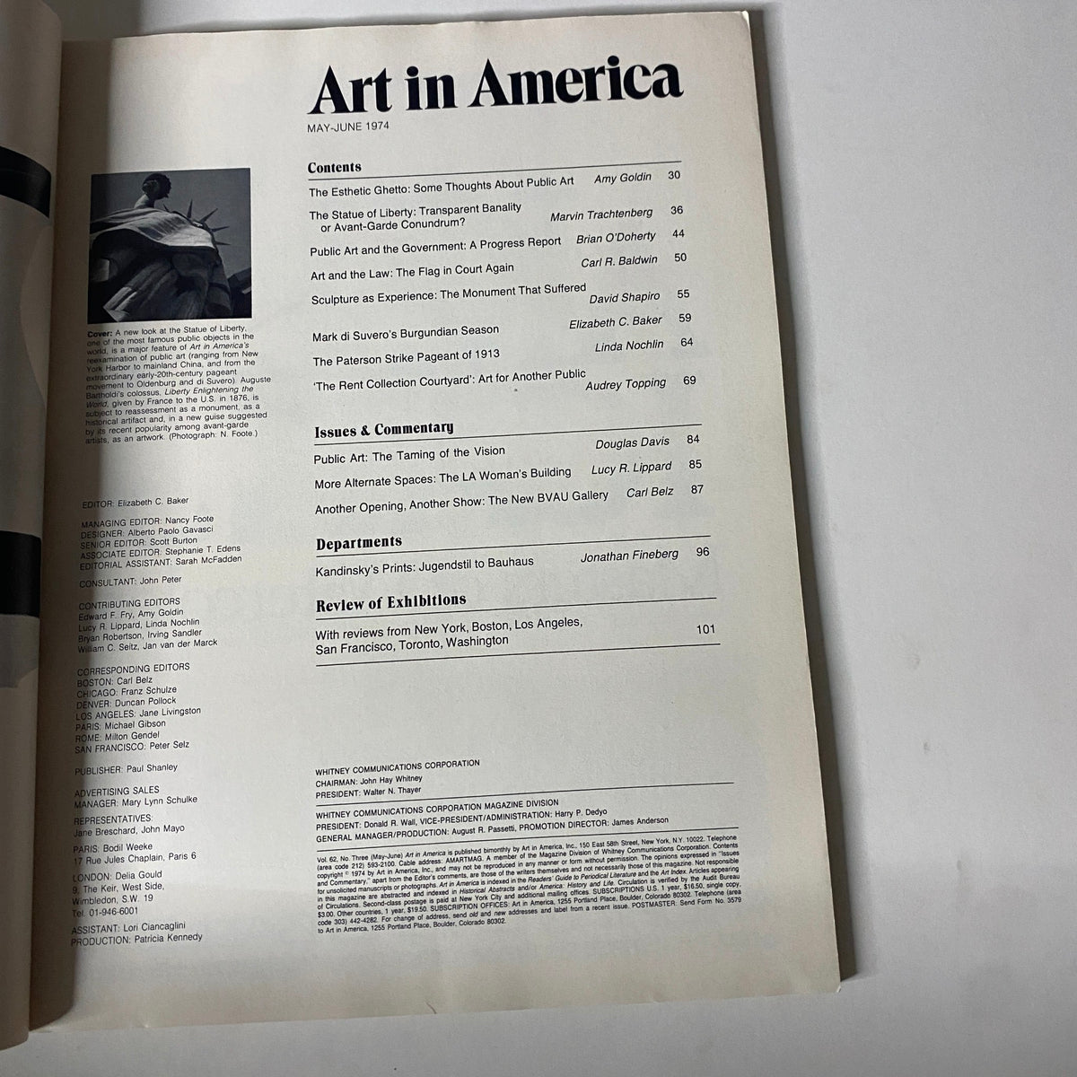 Table of contents for Art in America Magazine, May 1974, featuring key articles including 'The Statue of Liberty: Transparent Banality or Avant-Garde Conundrum?'