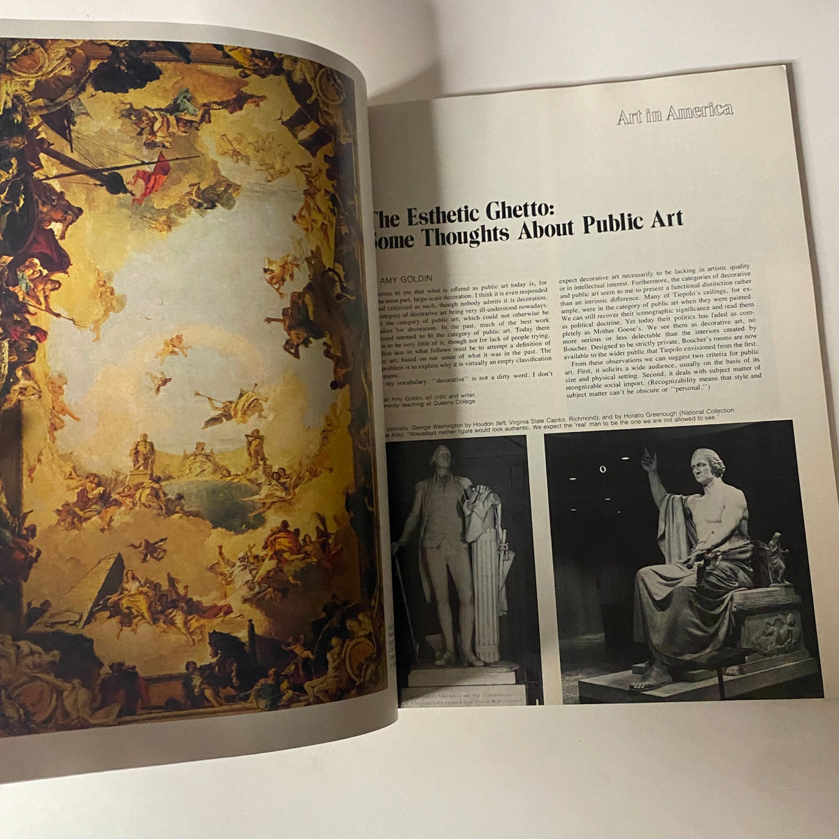 Interior page from Art in America Magazine, May 1974, discussing public art with images of sculptures and an article titled 'The Esthetic Ghetto: Some Thoughts About Public Art.'