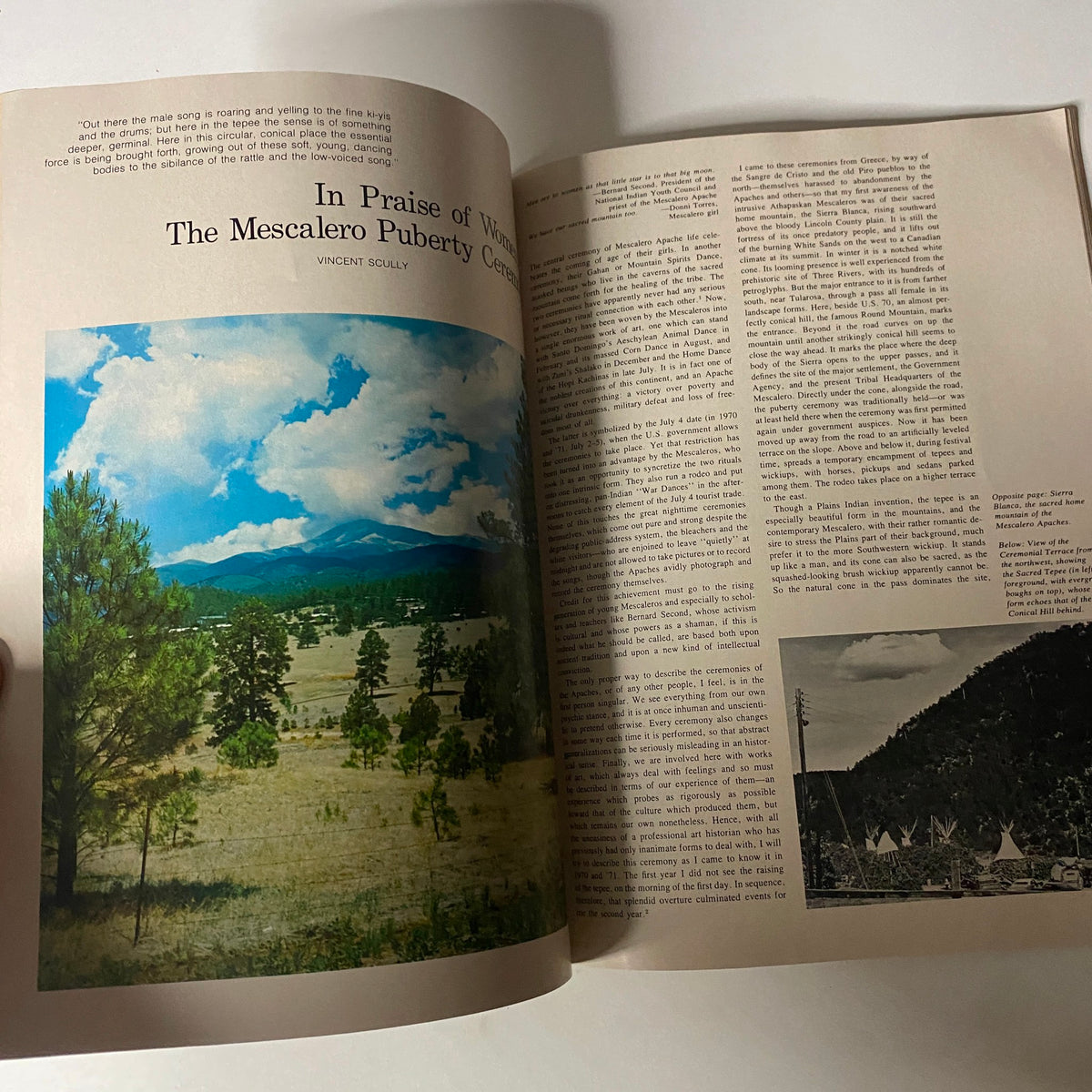 An editorial spread from Art in America July 1972 featuring an essay titled 'In Praise of Women: The Mescalero Puberty Ceremony' accompanied by scenic imagery.