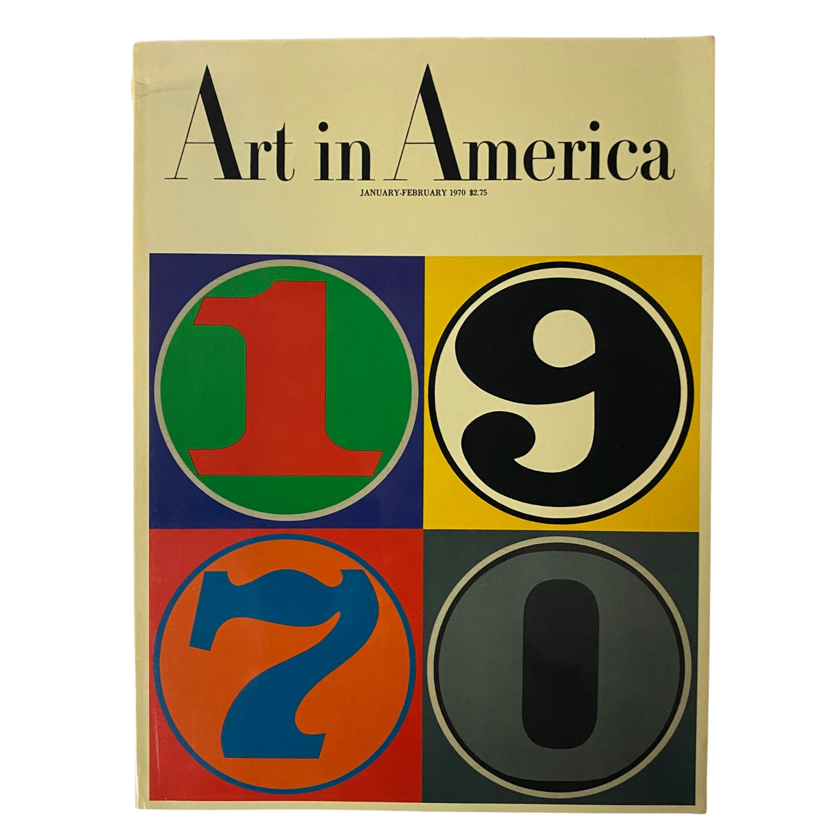 Art in America Magazine January 1970 cover featuring bold colored numbers 1, 9, 7, and 0 designed by Robert Indiana, reflecting modern art aesthetics.