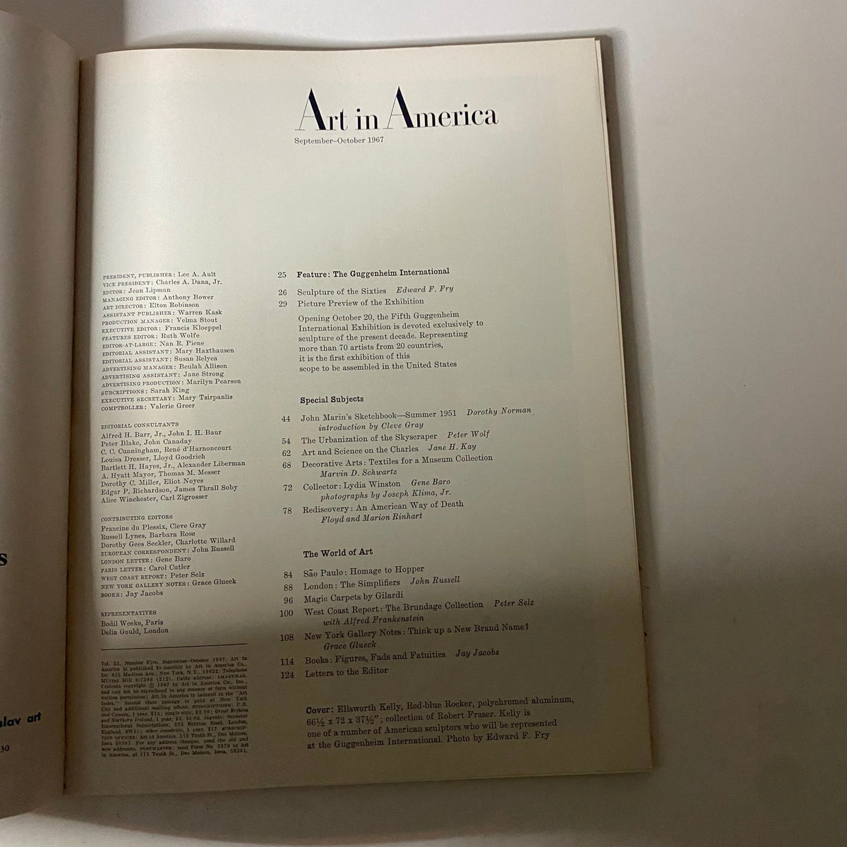 Interior view of the September 1967 issue of Art in America featuring the table of contents and information about the Guggenheim International Exhibition.