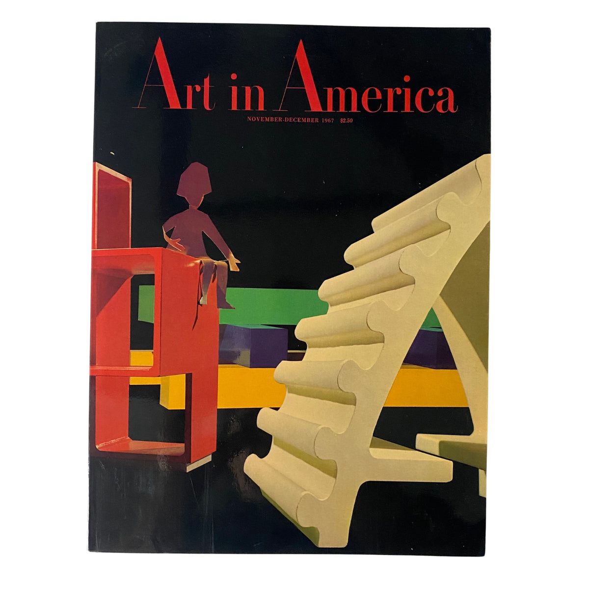 Cover of Art in America Magazine November 1967 featuring a colorful design with a child on playground equipment and bold text illustrating the magazine title.