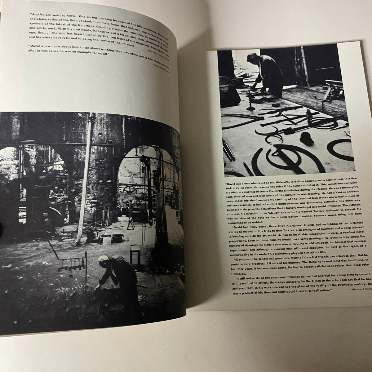 Interior pages of Art in America Magazine January-February 1966 showcasing a black and white photo of artist David Smith at work.