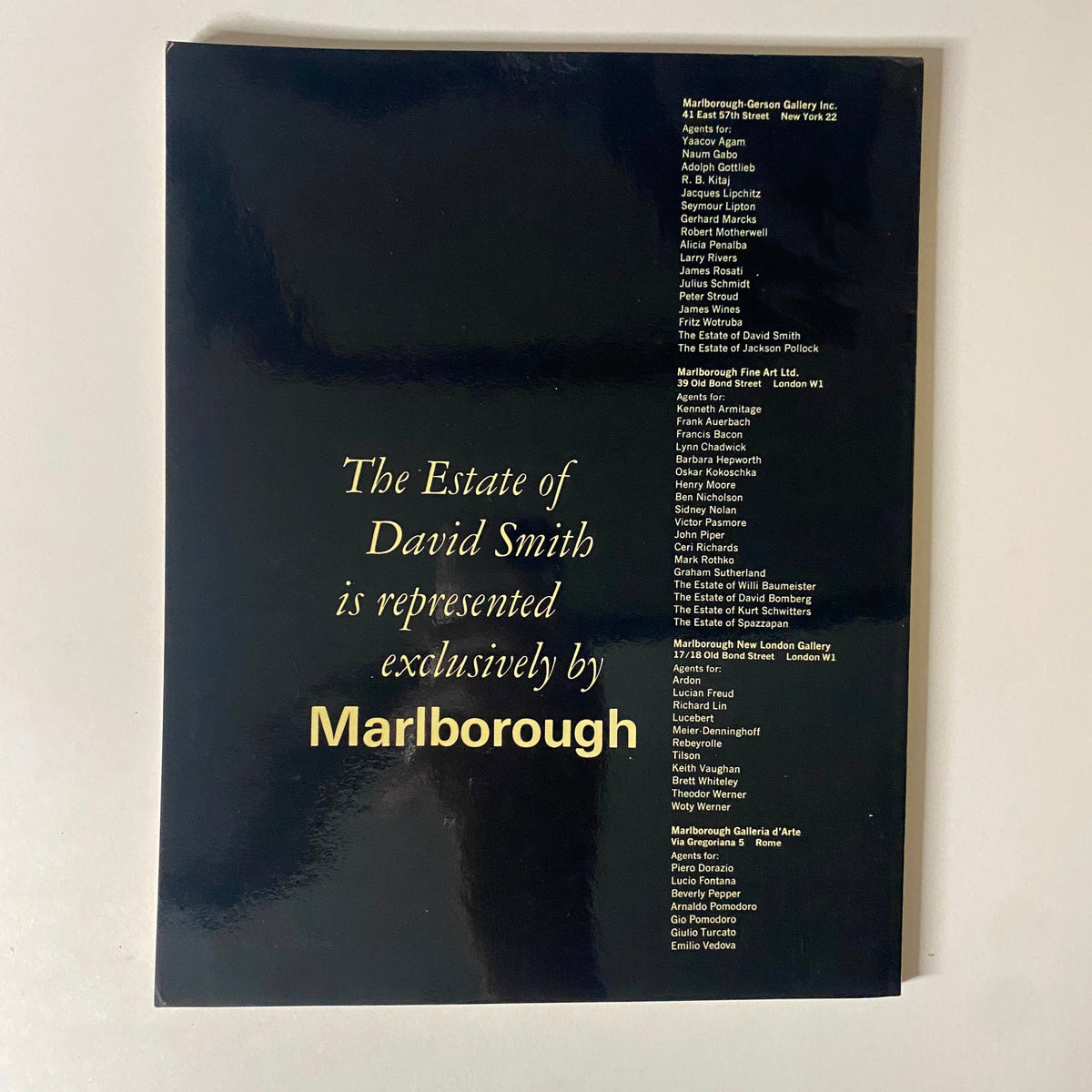 Back cover of Art in America Magazine January-February 1966 highlighting representation of the Estate of David Smith by Marlborough.
