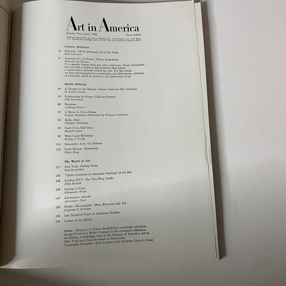 Table of contents from Art in America Magazine April 1965 featuring articles on sculpture and Nelson Rockefeller's collection.