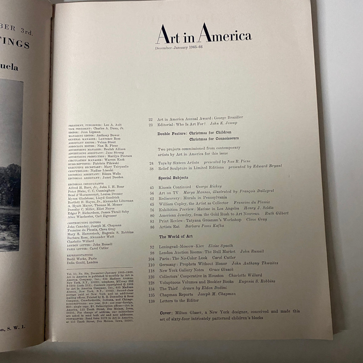 Table of contents page from Art in America Magazine December 1965, listing notable articles and features, including a double feature on children's art.