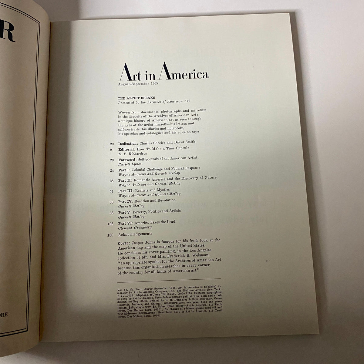 Interior page of Art in America Magazine August 1965 presenting the table of contents and feature article titled 'The Artist Speaks', exploring American art history.