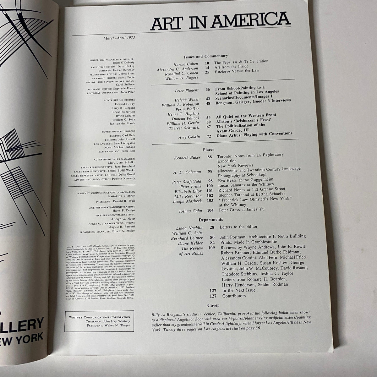 Table of contents page from Art in America Magazine March-April 1973, listing articles and commentary related to contemporary art and noteworthy artists of the time.
