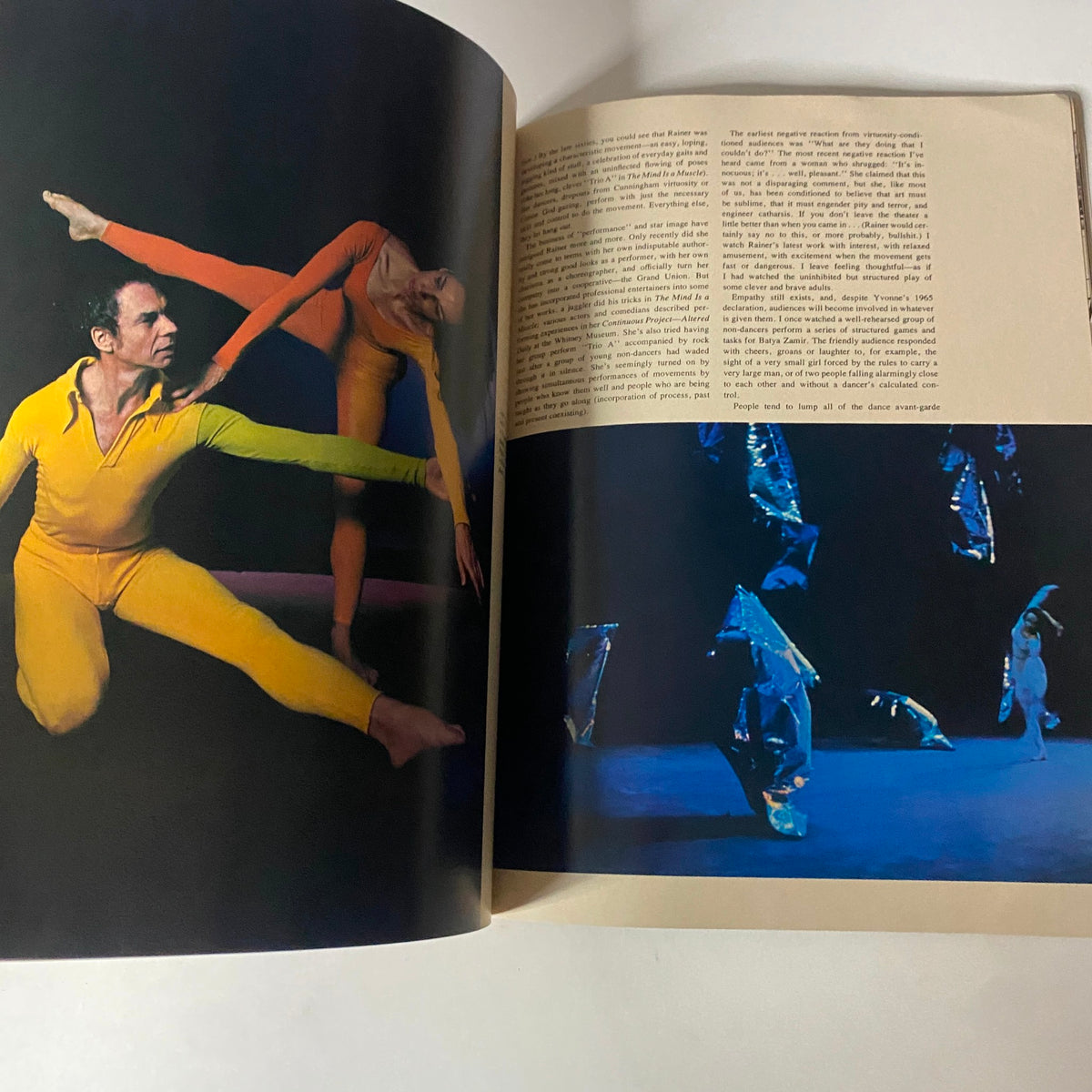 A dual-page spread from the September 1971 issue of Art in America Magazine showcasing dancers performing on stage, illustrating the intersection of dance and visual art.