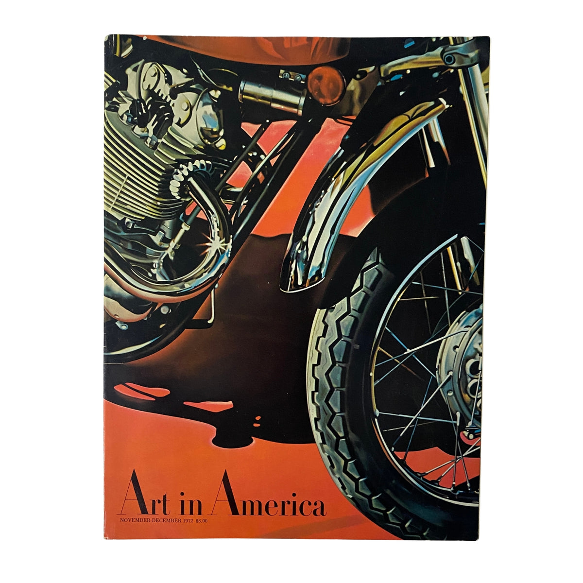 Art in America Magazine November 1972 cover featuring a detailed depiction of a motorcycle, highlighting themes of The Real and The Artificial.