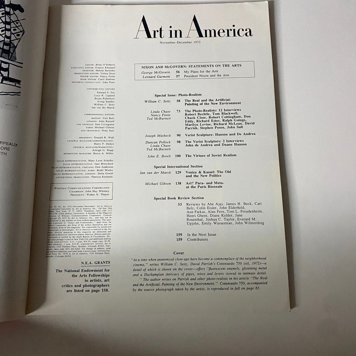 Inside spread of Art in America Magazine November 1972 featuring an editorial section with titles including Nixon and McGovern's statements on the arts, focused on Photo-Realism.