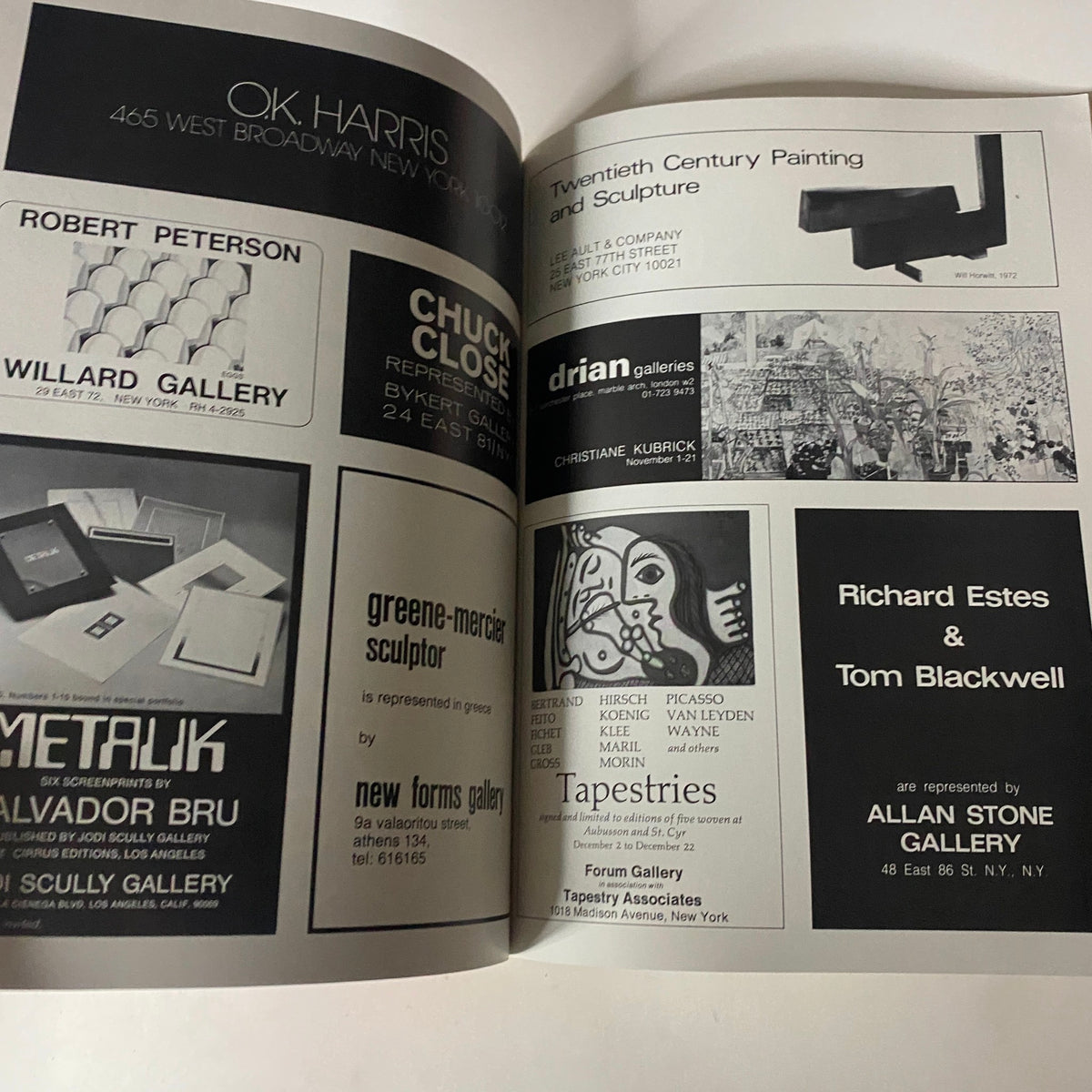 Page from Art in America Magazine November 1972 showcasing advertisements for contemporary art galleries and notable artists including Chuck Close, connected to the Photo-Realism movement.
