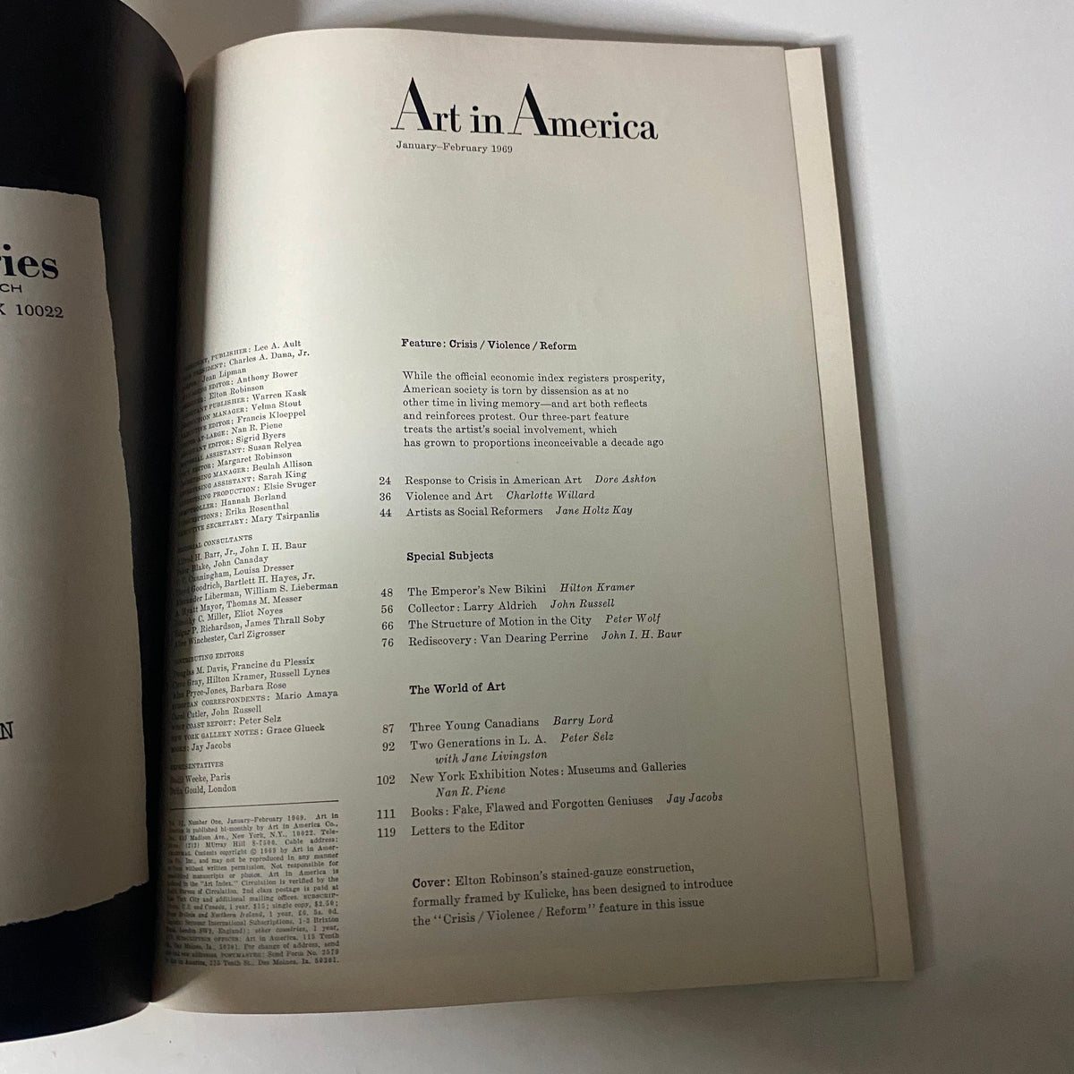 Inside page of Art in America Magazine January 1969 showcasing the table of contents and articles focusing on crisis, violence, and reform in American art.