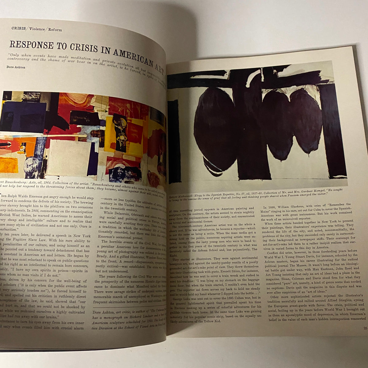 Inside page of Art in America Magazine January 1969 featuring the article 'Response to Crisis in American Art', discussing artistic expression related to social turmoil.