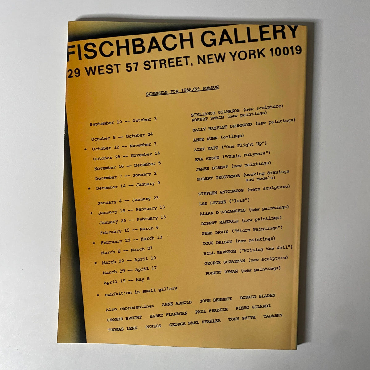 Event schedule from Fischbach Gallery in New York for the 1968/69 season, published in Art in America Magazine January 1969, listing upcoming exhibitions and artists.