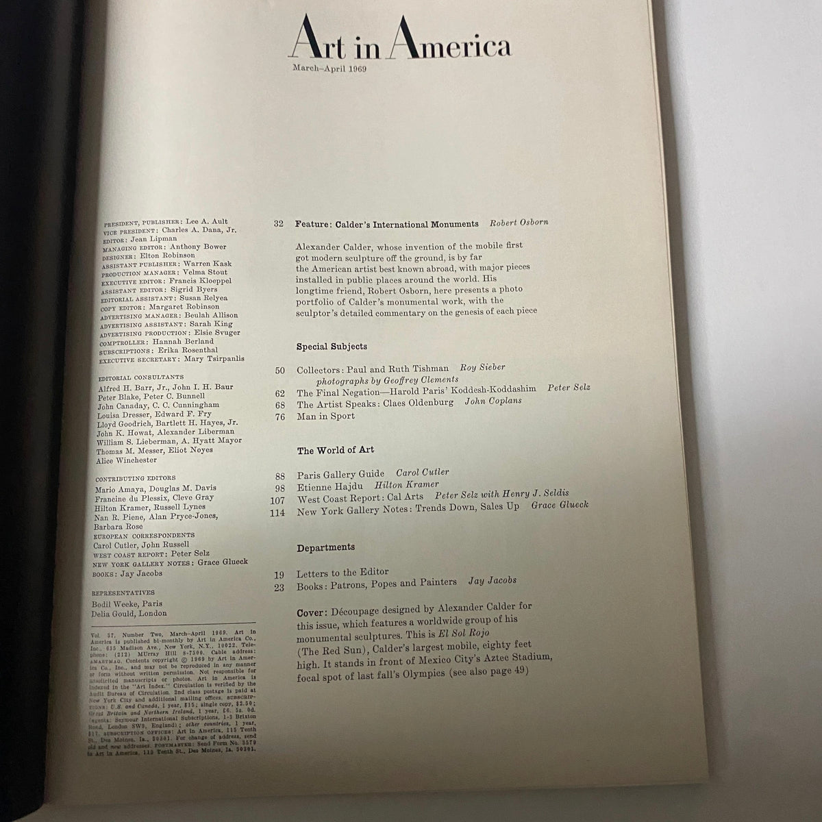 Art in America Magazine March 1969 Decoupage by Alexander Calder No Label VG